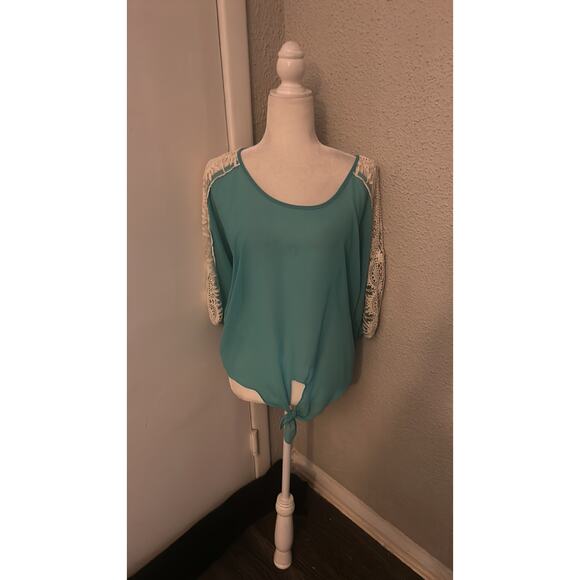 Umgee Split Sleeve Crochet Cold Shoulder Teal/White L Boho Concert Festival - Picture 1 of 13
